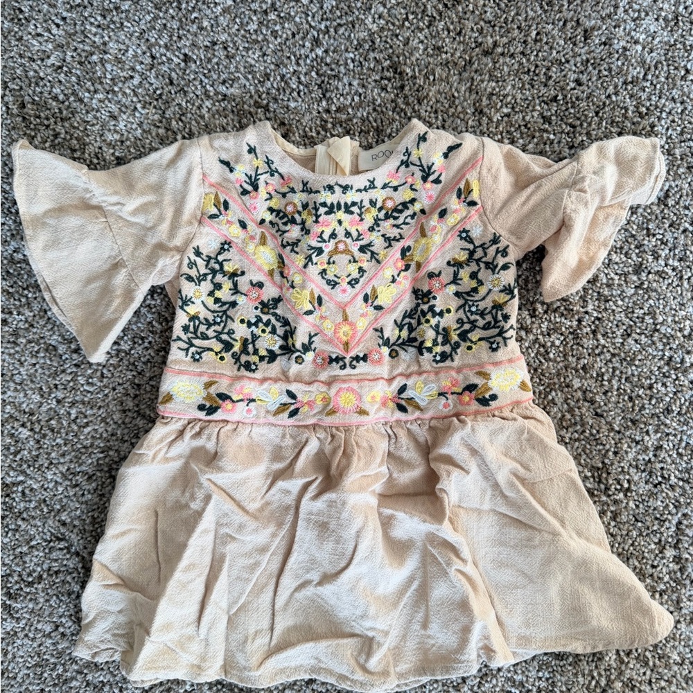 Embroidered Cream baby girl Dress with Pink & Yellow Floral Detail